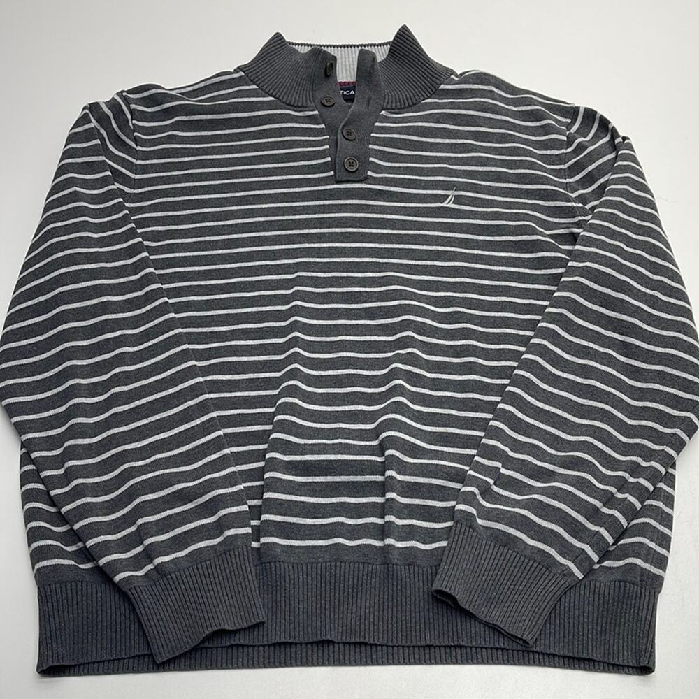 NAUTICA Men’s Large Gray Striped Cotton Sweater / Sweatshirt